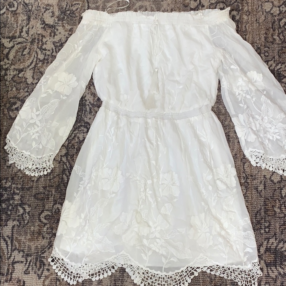 White off the shoulder floral embroidered dress